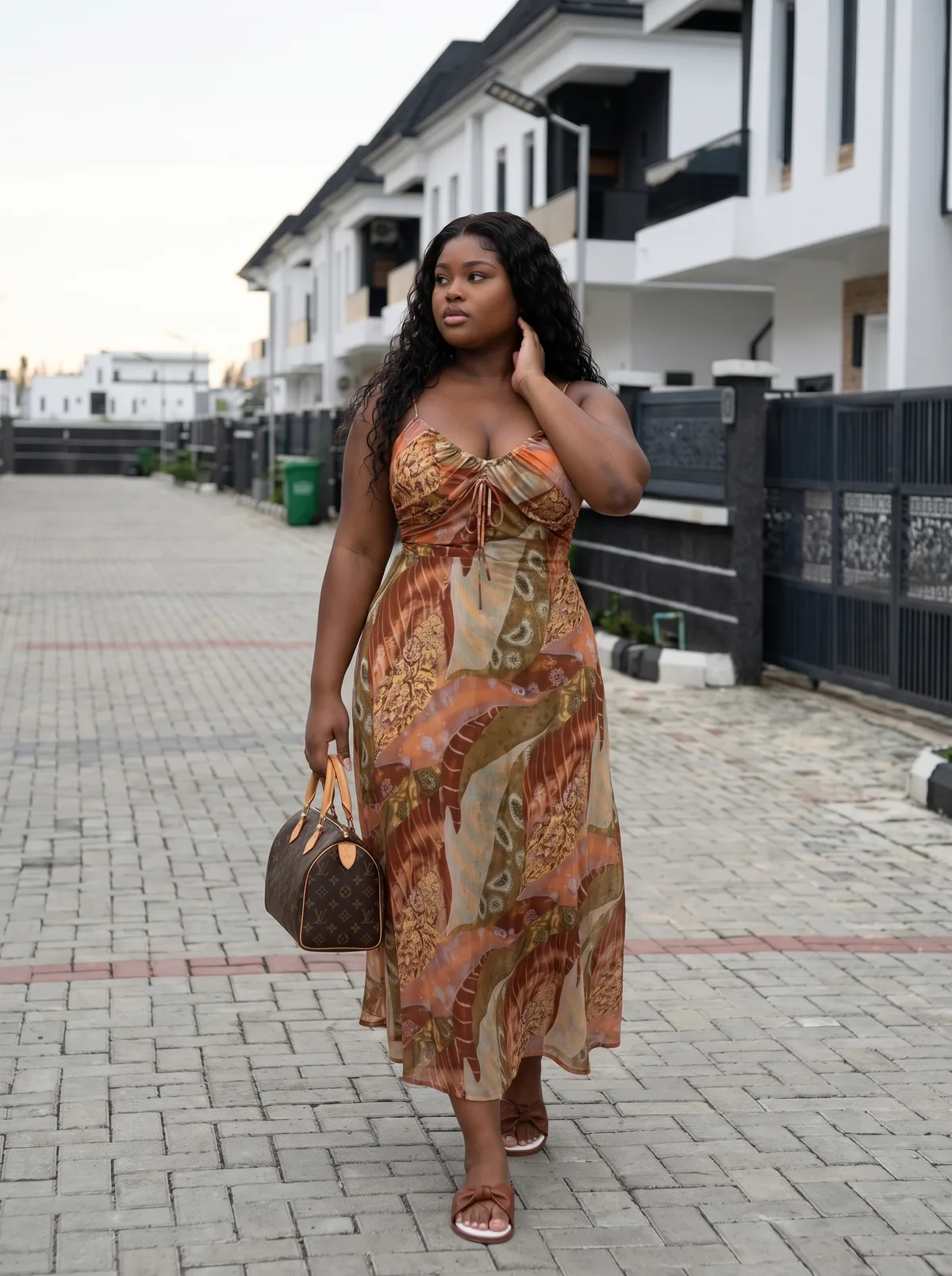 Fictional adult curvy Black woman carrying a handbag in a residential fashion campaign