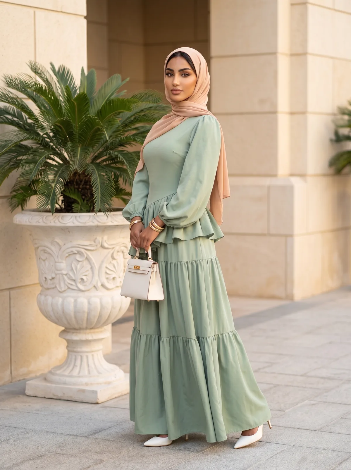 Fictional adult woman in a sage modest dress and hijab beside classical architecture