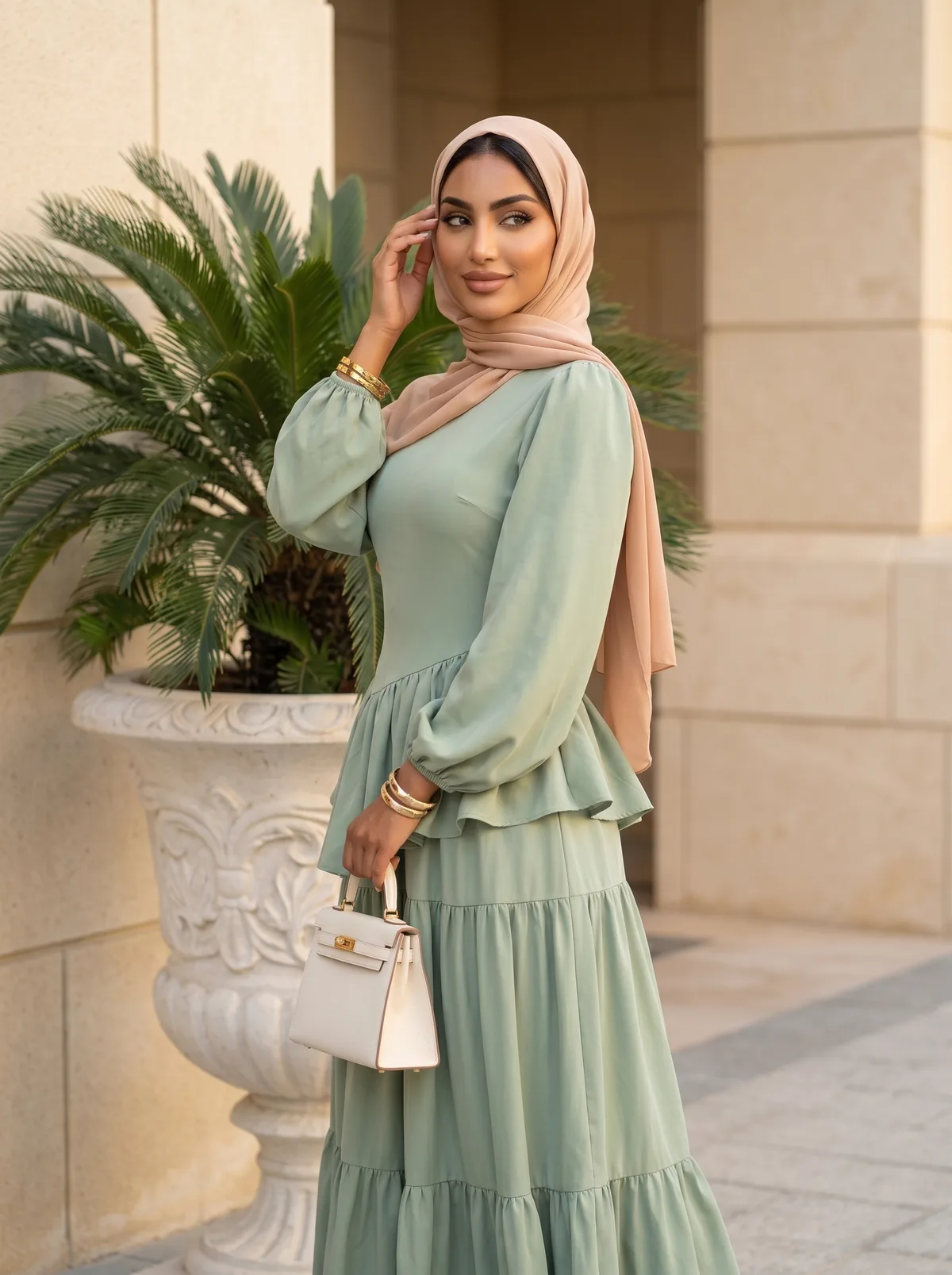 Closer portrait of a fictional adult woman wearing a sage modest dress and hijab