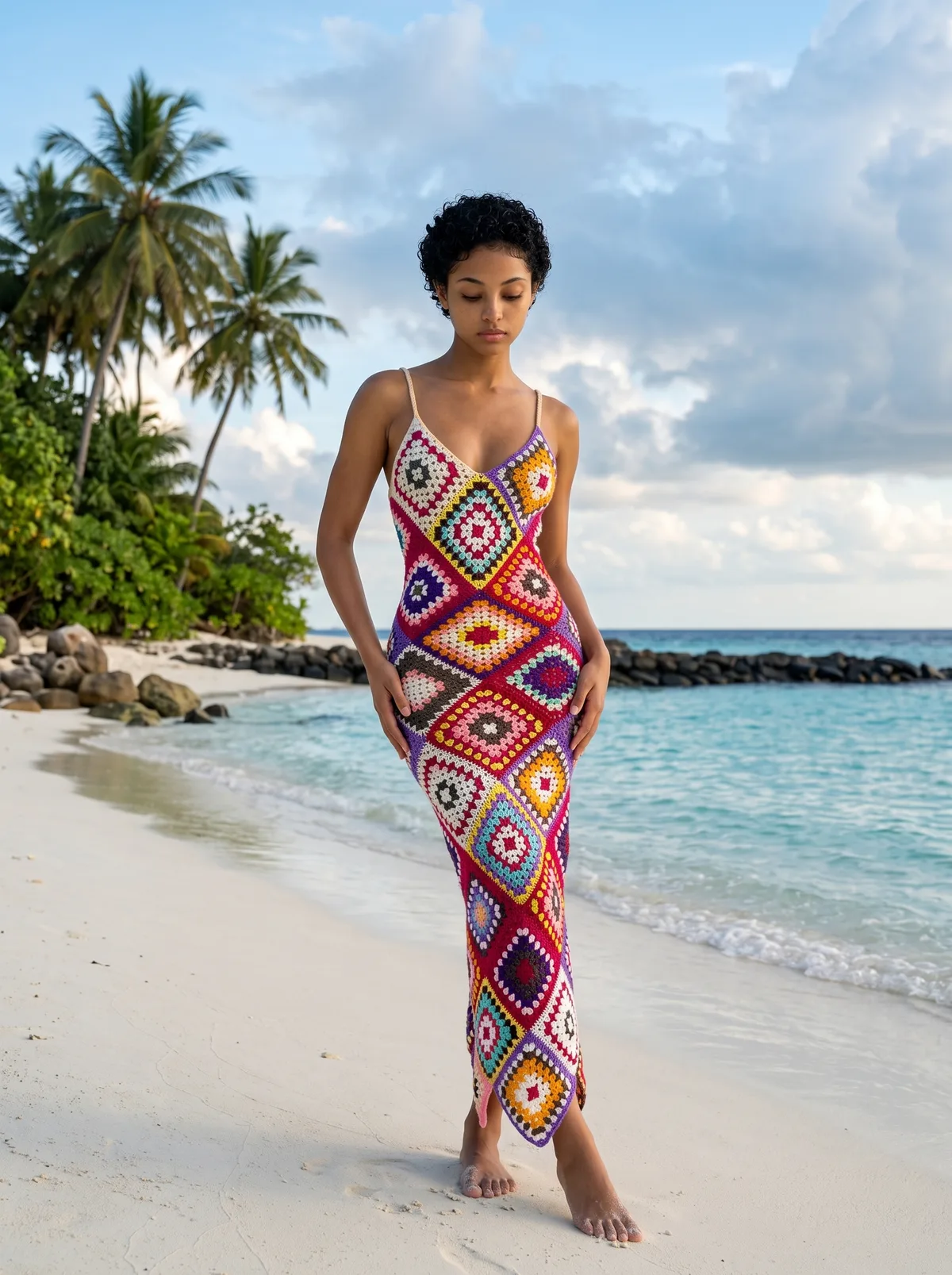 Fictional adult Black woman modelling a colourful crochet dress on a tropical shoreline