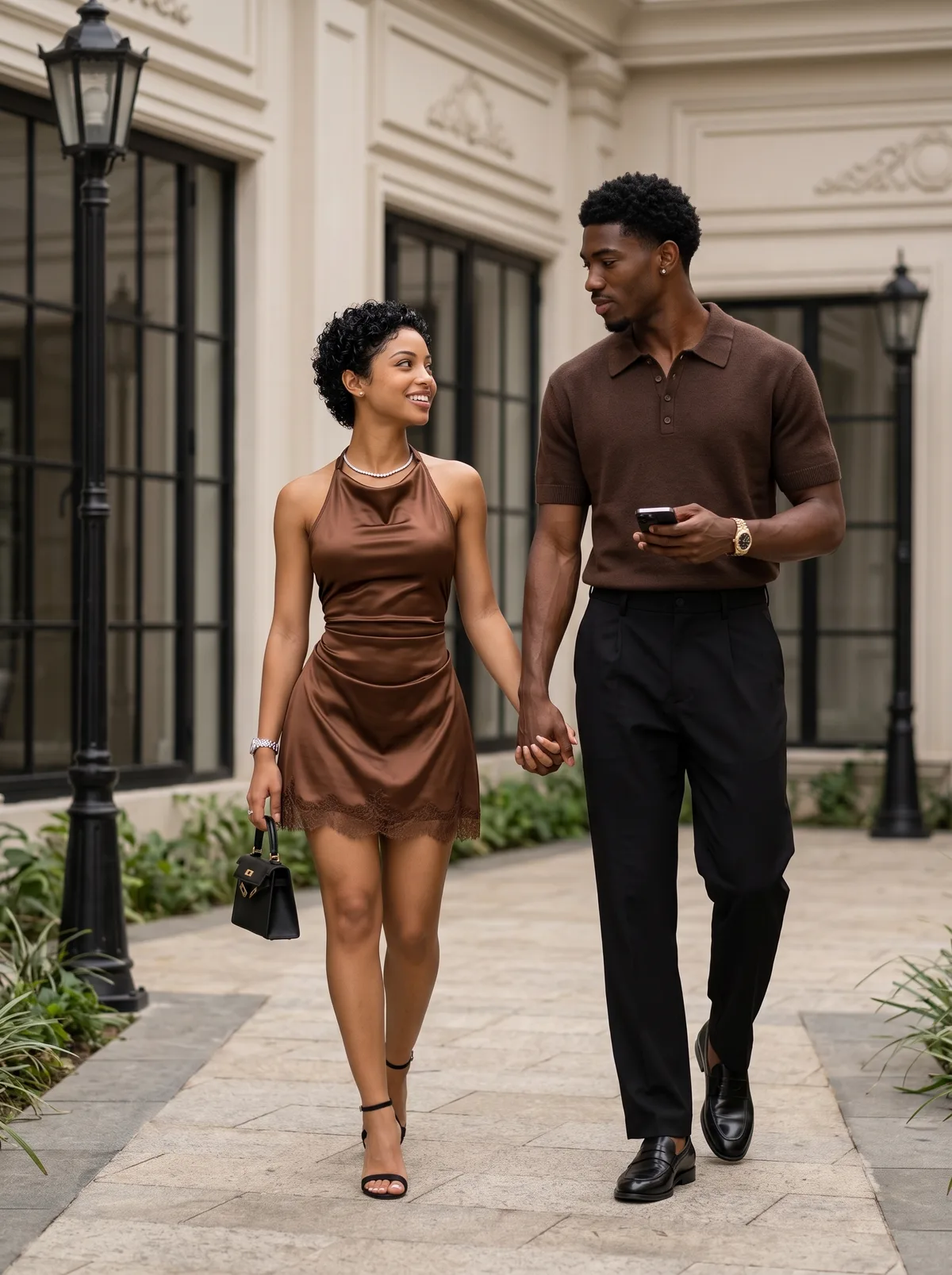 Fictional adult Black couple modelling coordinated brown looks while walking together