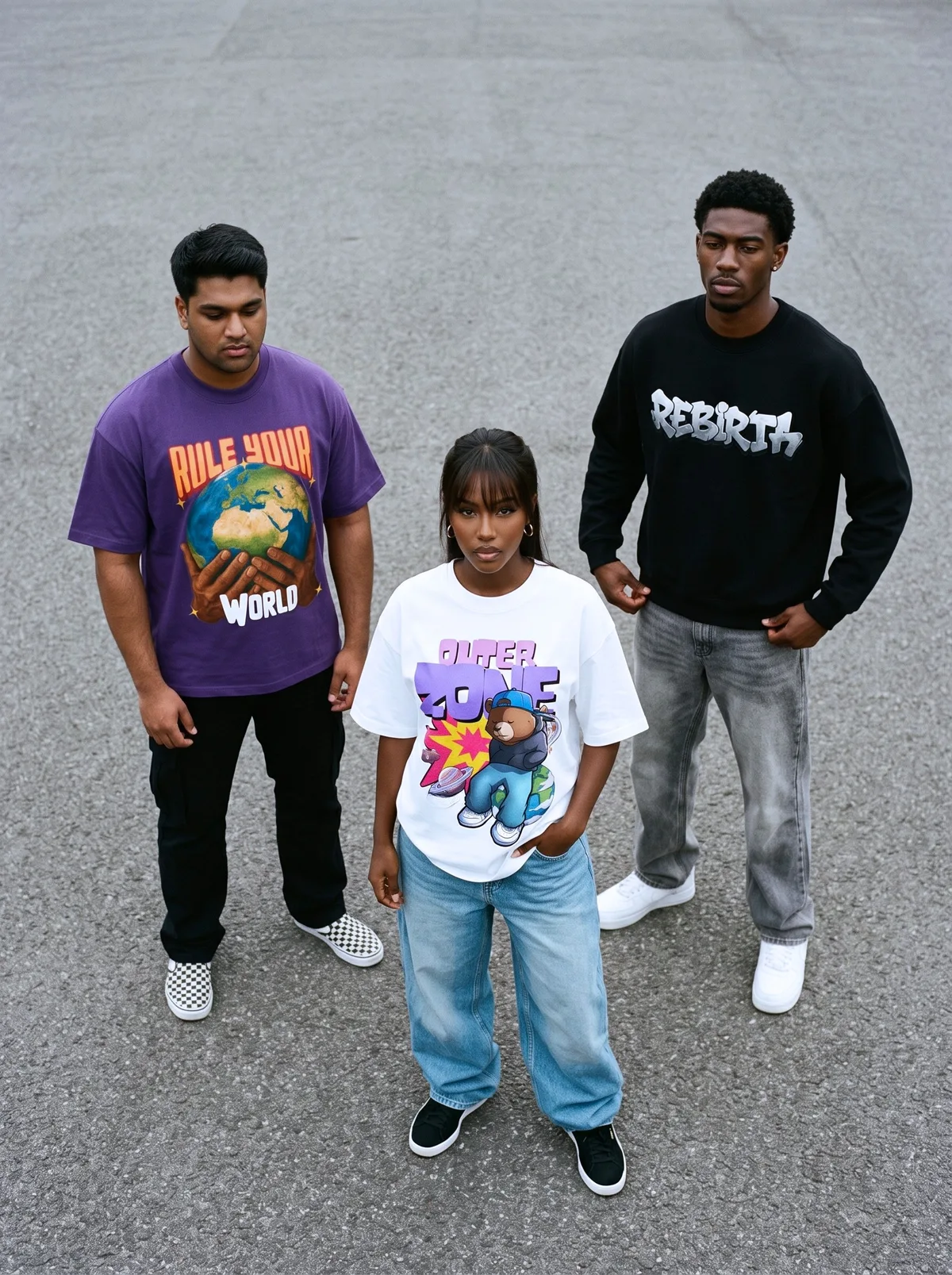 Three diverse fictional adult models wearing coordinated graphic streetwear