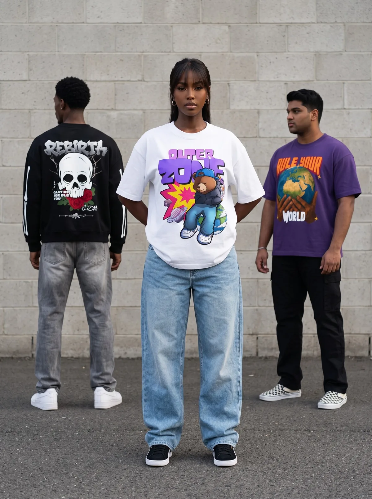Three diverse fictional adult models arranged in a graphic streetwear campaign portrait
