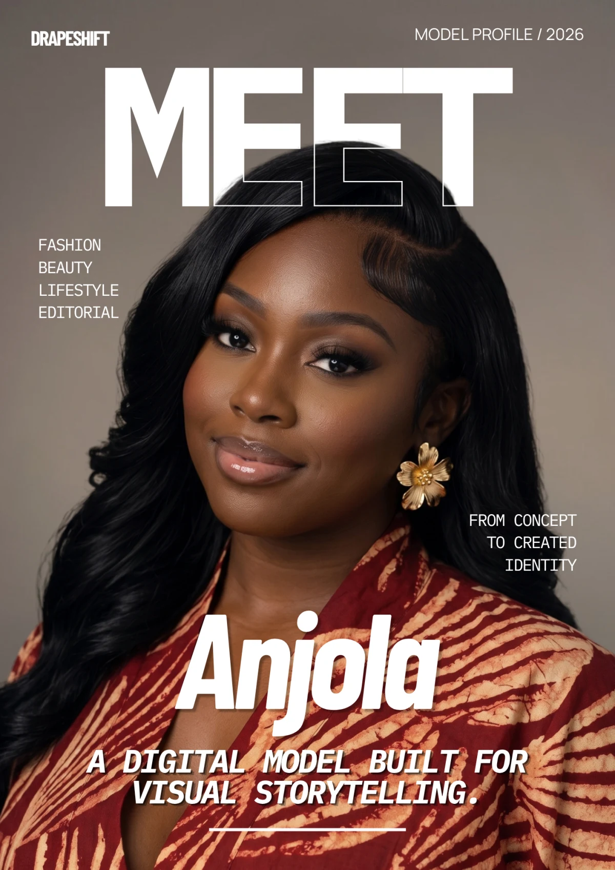 DrapeShift model dossier cover introducing the named model Anjola
