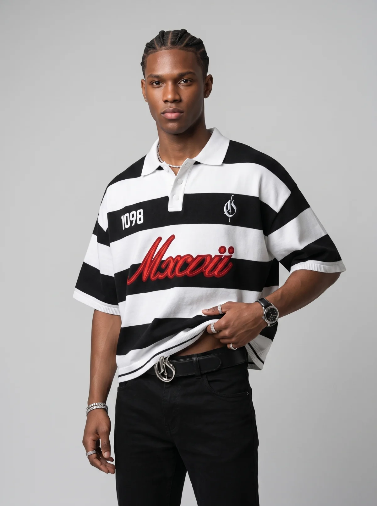 Closer studio crop of a fictional Black man wearing a black and white striped polo shirt